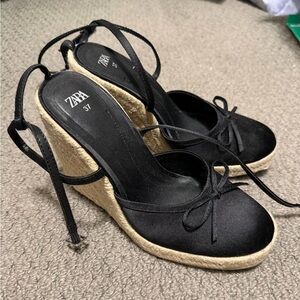 Zara Satin Black Wedge Espadrilles